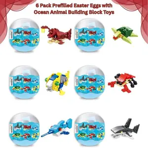 6-Pack BPA-Free Prefilled Easter Eggs with Fun Ocean Animal Building Block Toys, Girls’ Easter Basket Gift Stuffers, Enhance Playtime for 6-14 Year Olds
