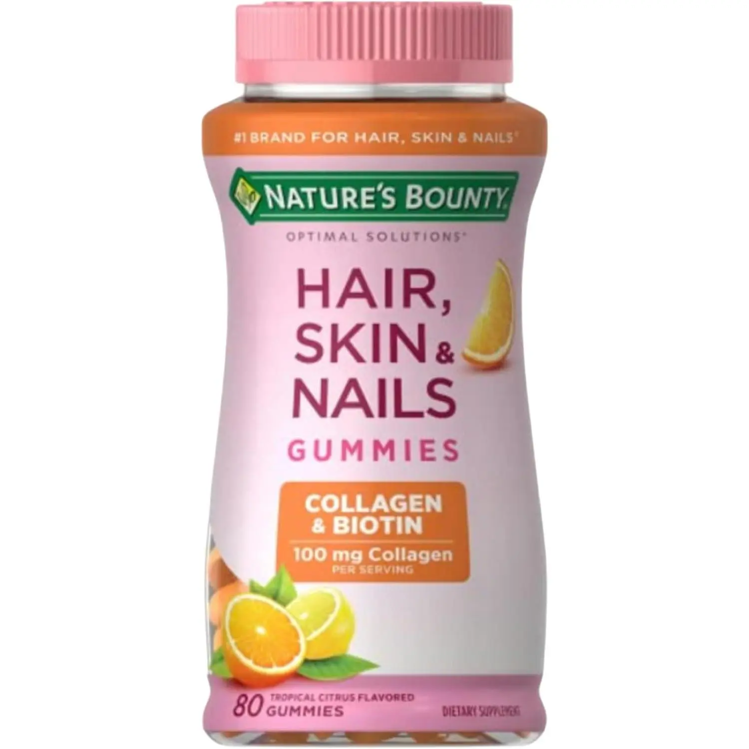 Nature's Bounty Optimal Solutions Hair, Skin & Nails with Biotin & Collagen | Citrus-Flavored Gummies Vitamin Supplement, 2500mcg per 2 Gummies, 80 Count, 40 Total Servings