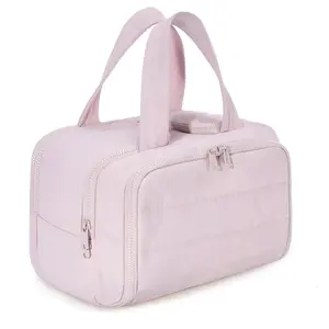 Travel makeup bag, a lightweight large-sized open-style travel bag suitable for women, with a handle and a fluffy makeup supplies storage bag, used for storing accessories, necessities and cosmetics