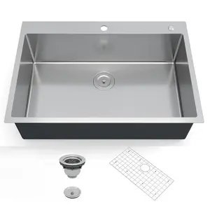 Garvee 30x22 Inch Undermount and Drop-In Kitchen Sink, 16 Gauge 304 Stainless Steel, 10 Inch Deep Single Bowl with Drainboard Option, Includes Bottom Grid and Drain Assembly, Easy Installation