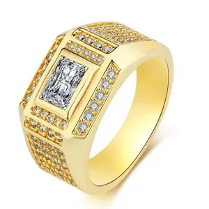 Golden Plated Rectangular gemstone Ring for Men, Luxurious  Hypoallergenic Classic Elegant Synthetic Moissanite Engagement Anniversary  Ring