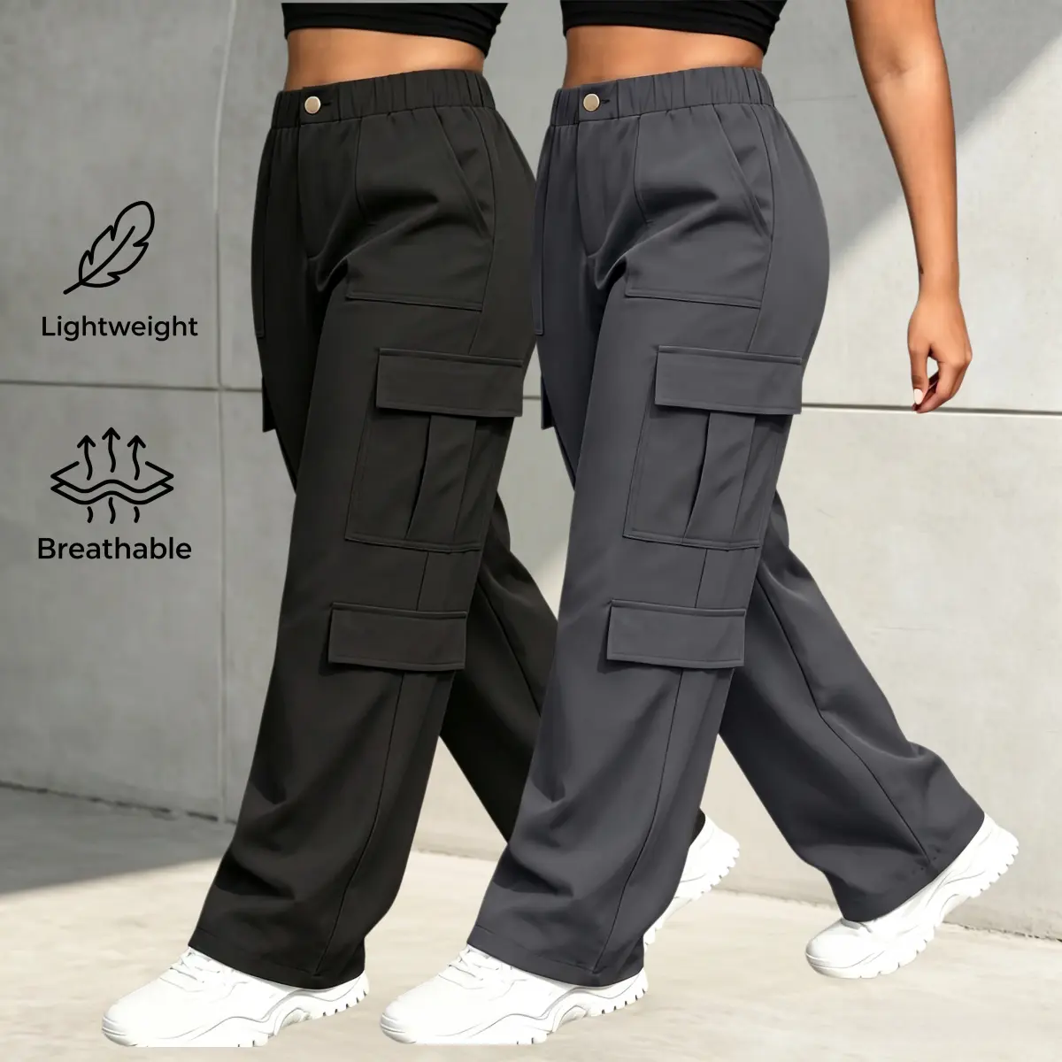 Women’s all-season cargo wide-leg casual pants featuring a high stretch waist and button front; flap pockets and straight-leg design. Wrinkle-resistant, no ironing needed, with a smooth, drapey fabric—ideal for weekend outings and travel, and for girls’ e