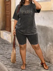 Spring & Summer Plus Size Sports Two-Piece Set with Creative Print, Tie-Dye Washed Vintage Short Sleeve T-Shirt and Shorts, Plus Size Women's Jogging Outfit