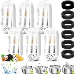 Cat Water Fountain Filters, 6 Pack Replacement Filters & Replacement Pre-Filter Sponges for Stainless Steel Pet Fountain with Water Level Window, Fountain Carbon Filters for Dog Water Dispenser Bowl
