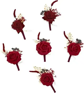 TINGE TIME Boutonniere for Men Wedding, Set of 6, Ketchup Red Artificial Groom and Best Men Boutonniere for Wedding Ceremony Anniversary, Formal Dinner Homecoming and Prom