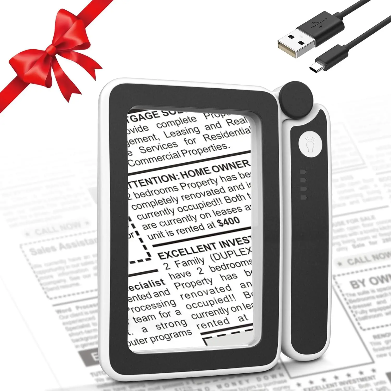 MoKo Lightweight Acrylic Lens Magnifying Glass Reading Aid with Storage Bag, Rechargeable 4X Full Page Book Magnifier, 3-Mode Light, Folding Handle, Touch Button for Grandparents (Father's Day, Thanksgiving Gift, Black), Handheld