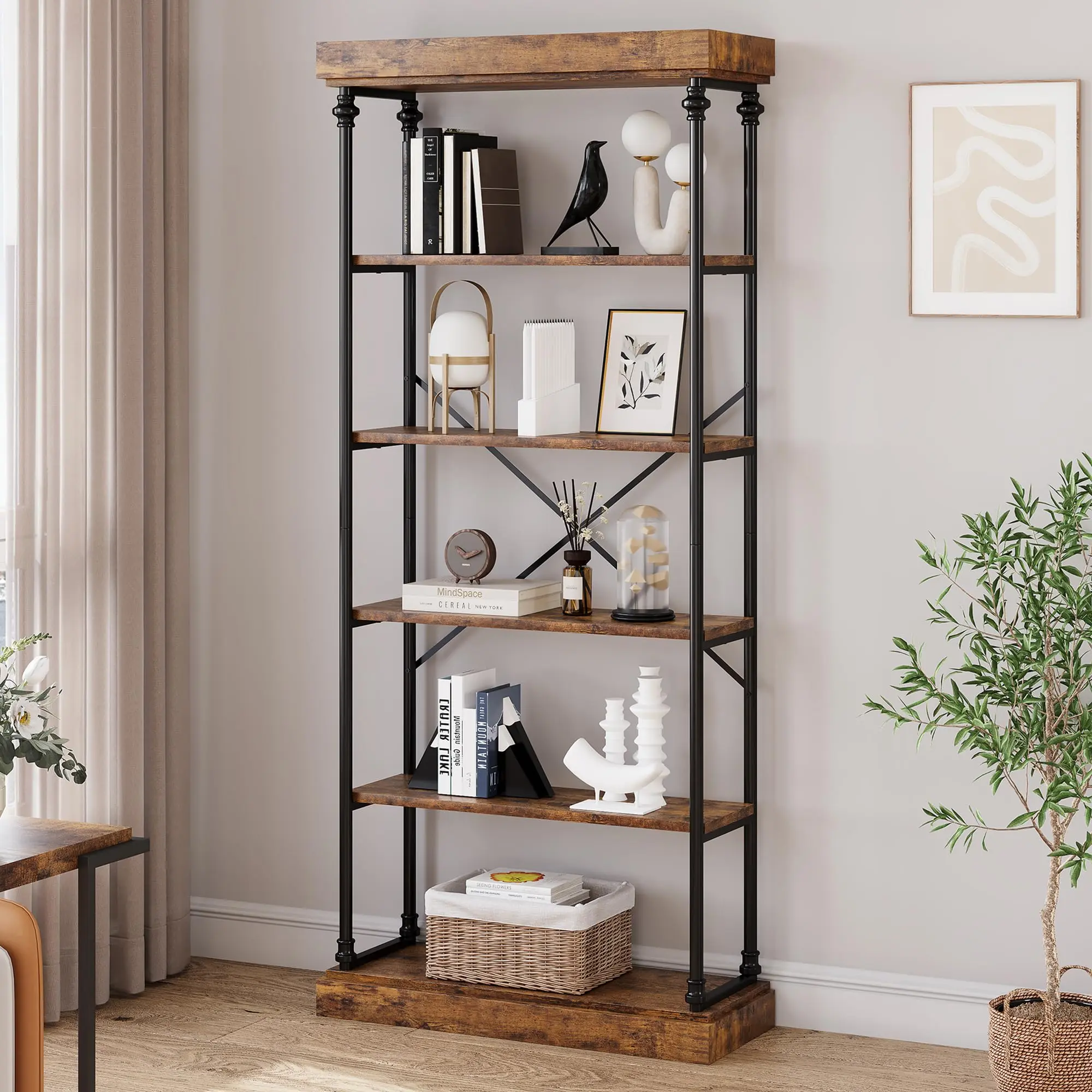 6‑Tier Industrial Bookshelf Tall Standing Wood Bookcase, Vintage Display Rack, Rustic Bookshelf for Living Room, Home Office