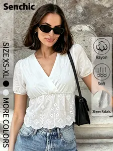 Elegant Women's Lace Cut-Out Sheer Bubble Sleeve Blouse, Bohemian Style Short Sleeve Shirt, Loose-Fitting Casual Top