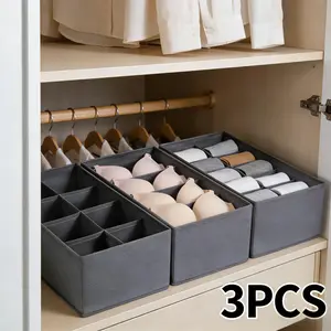 3 Pack Gray Collapsible Sock Drawer Organizers - Fabric Dividers for Underwear, Bras & Ties