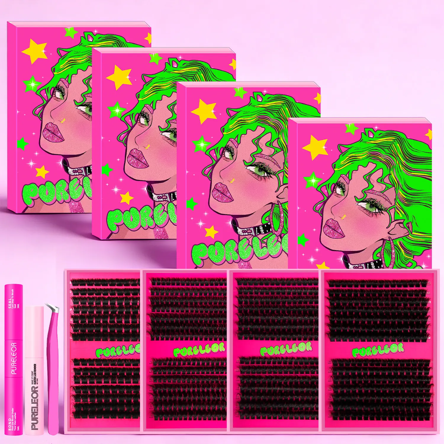 PURELEOR Eyelash Clusters Kit, D Curl Dramatic Volume Eyelash Extensions, DIY Fluffy Cluster Lashes for Cat Eye Style, Mixed 10-16mm Thick Individual Picks, Beauty Eyelash Clusters, False Eyelash Kit