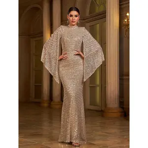Long Sleeve Elegant Round Neck Sexy Long Sequin Evening Dress Bridesmaid Dress for Women Womenswear Glitz