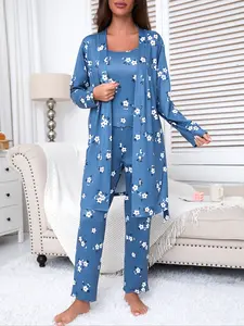 Women's Floral Print Pajama Set Fitted, Casual Comfy Cami Top & Pants & Belted Robe Loungewear Set, Women's Sleepwear for All Seasons