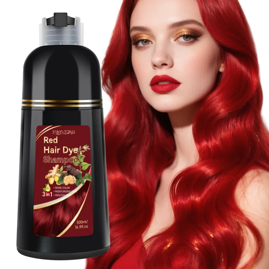 500ml red herbal hair dye shampoo, gentle and non irritating herbal extract, hair dye, Hair Dyeing, shampoo and hair care three in one, easy to use, red hair, making hair look healthy and shiny, suitable for both men and women Shampoo Hairdye Shampoo