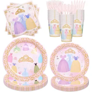 175Pcs Princess Paper Plates Napkins, Princess Themed Birthday Party Decorations Pink Party Supplies Disposable Dinnerware Set Plate, Utensils, Cup, Napkin, Tableware Set, Serve 25 Guests