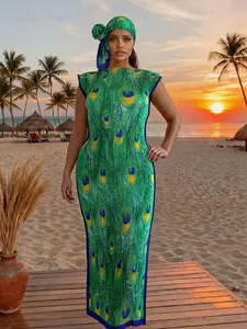 Elegant Ruffled Bodycon Moo Moo Long Dress Set, Horse Print Robe Hooded Shawl + Long Silk Scarf, Women's Beach Sun Protection Wrap