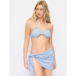 Cider Cotton-blend Halter Neckline Striped O-Ring Low Rise Cheeky Bikini Set With Sarong SwimWeek