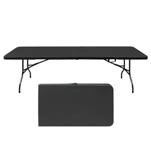 8FT Black Folding Table Portable Plastic Heavy Duty High Load Bearing 135KG Waterproof Smooth Easy Clean Surface for Camping Picnic Party Indoor Outdoor Use Powder Coated Steel Frame Non Slip Feet Foldable with Handle Side Lock