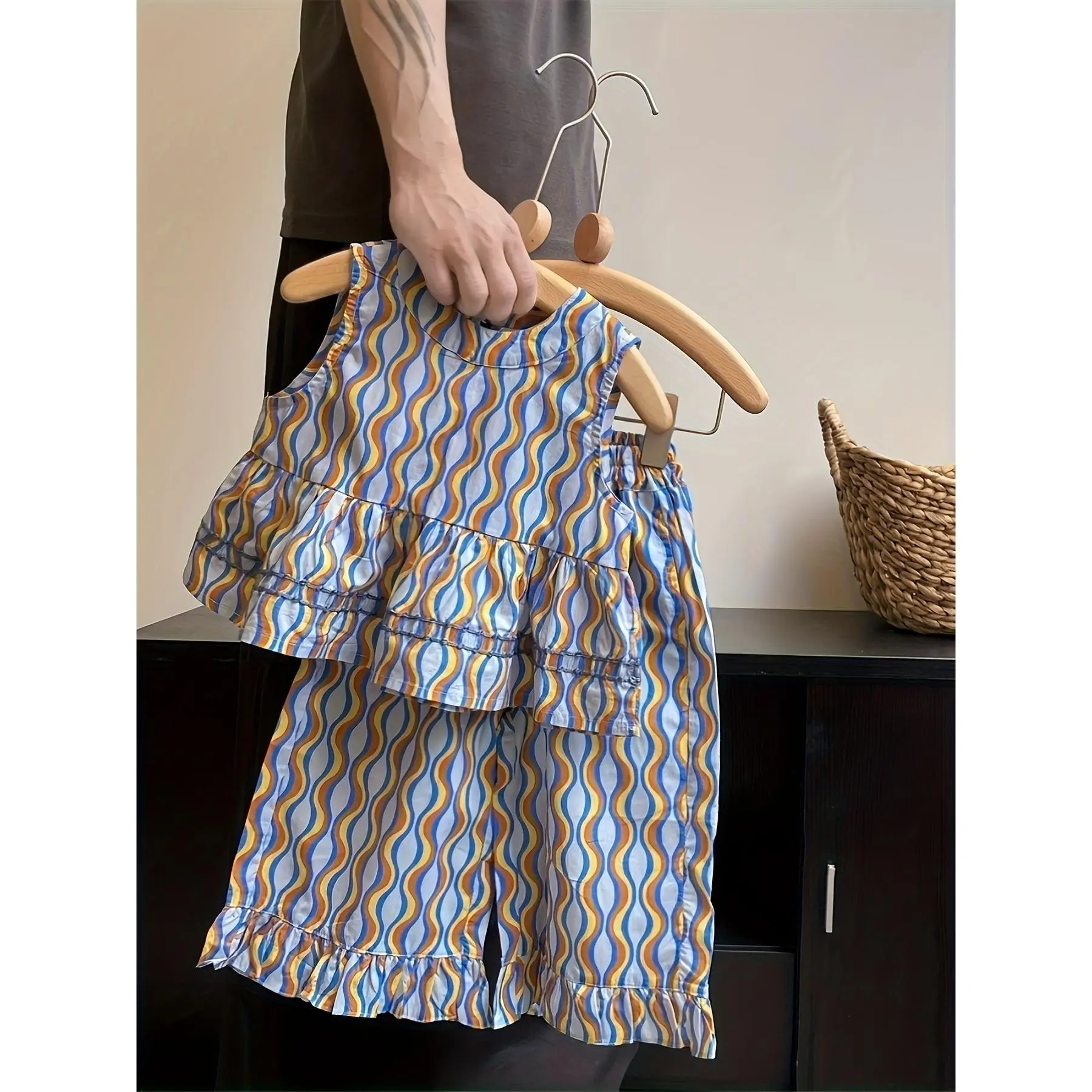 Girls' Summer Full-Print Wave Pattern Outdoor Casual Bohemian Style Top + Pants Set