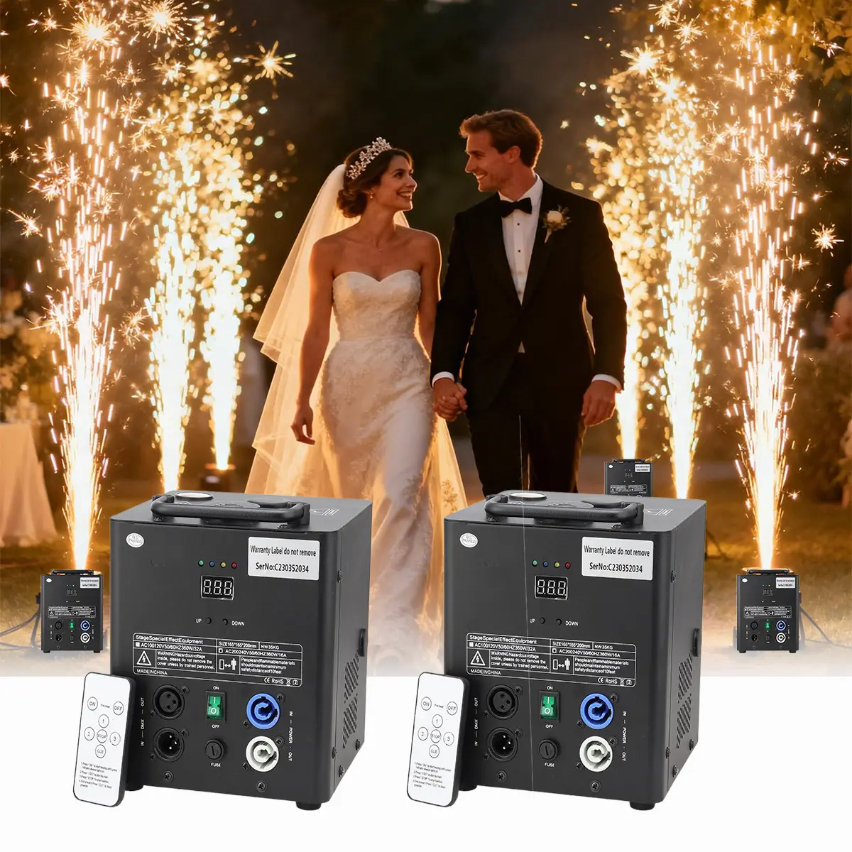 2PCS Portable 650W Power Aluminum Cold Spark Machine with 6×200g Powders, 3-5m Adjustable Spark Height, DMX & Remote Control for Weddings, Party DJ Performances