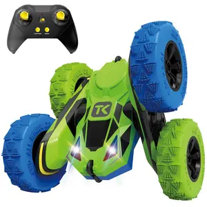 Threeking RC Stunt Cars Remote Control Car with Lights Double-Sided Driving 360-degree Flips Rotating Car Toy Gifts Presents for Kids Ages 6+, Green+Blue