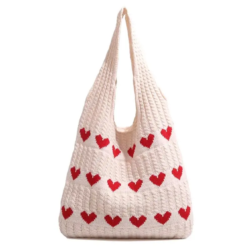 Crochet Tote Bags for Women - Cute Heart Shaped Knit Shoulder Bag Cutecore Accessories Aesthetic Handbag Beach Hobo Bag