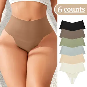 6-Pack Women's V-neck High-Waist Seamless Thong Panties NoShow, Stretchy, Soft & Breathable Underwear;Comfortable Minimalist Lingerie for days comfy underwear Bikini lenceriastylish cotton Bottom undies sexy