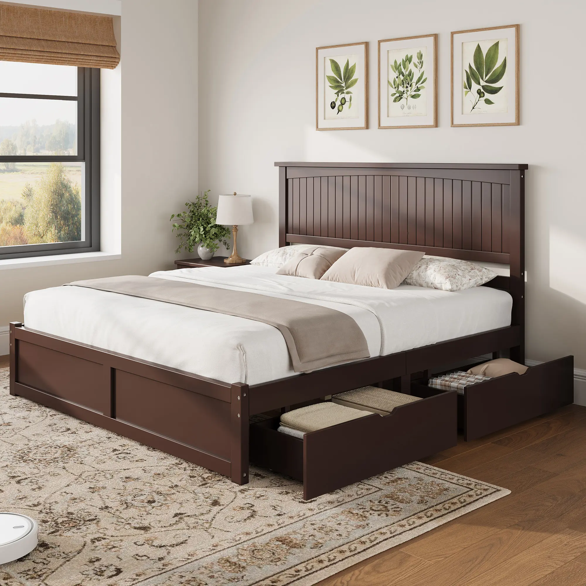 AMERLIFE Solid Wood Storage Bed Frame with 50" Tall Headboard, Mid-Century Modern Platform Bed with 2 Drawers, No Box Spring Needed[tiktokshopbacktoschool][SohoChic]