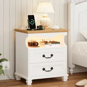LIKIMIO Farmhouse 2-Drawer Storage Nightstand with Charging Station & LED Lights, Wood Finish Versatile Side Table for Bedroom, Indoor Modern Furniture