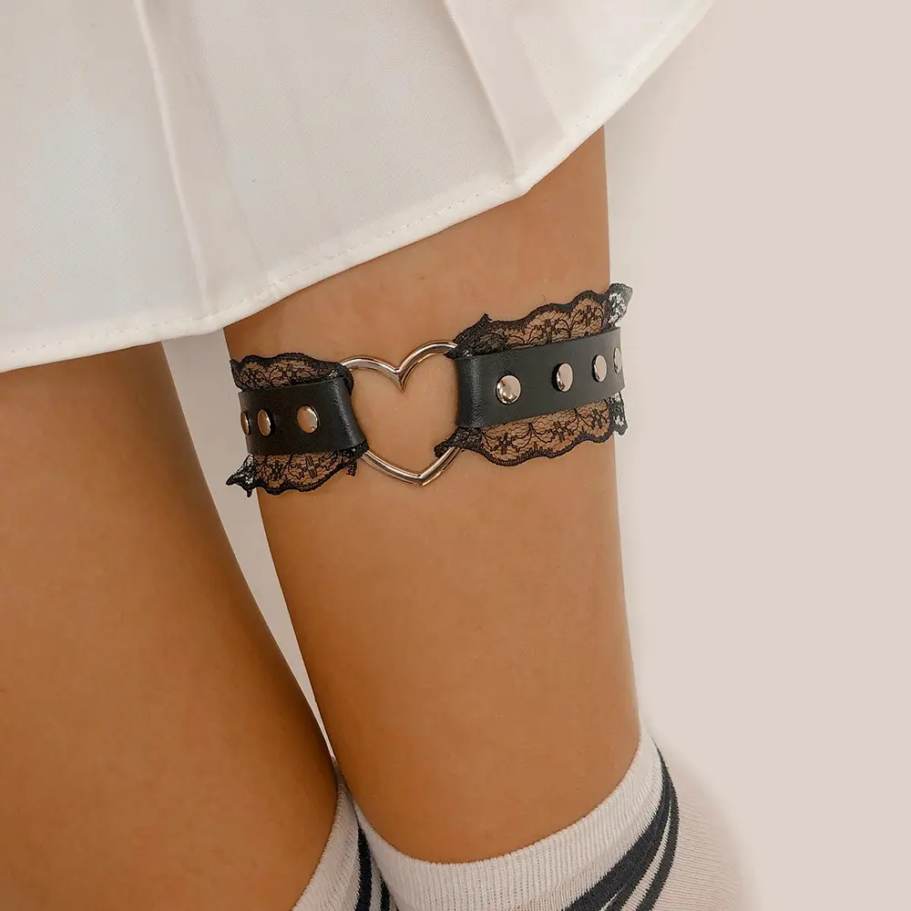Women Girl Leather Heart Garters Leg  Belt Punk Studded Lace Elastic Thigh  Garters Adjustable Ring