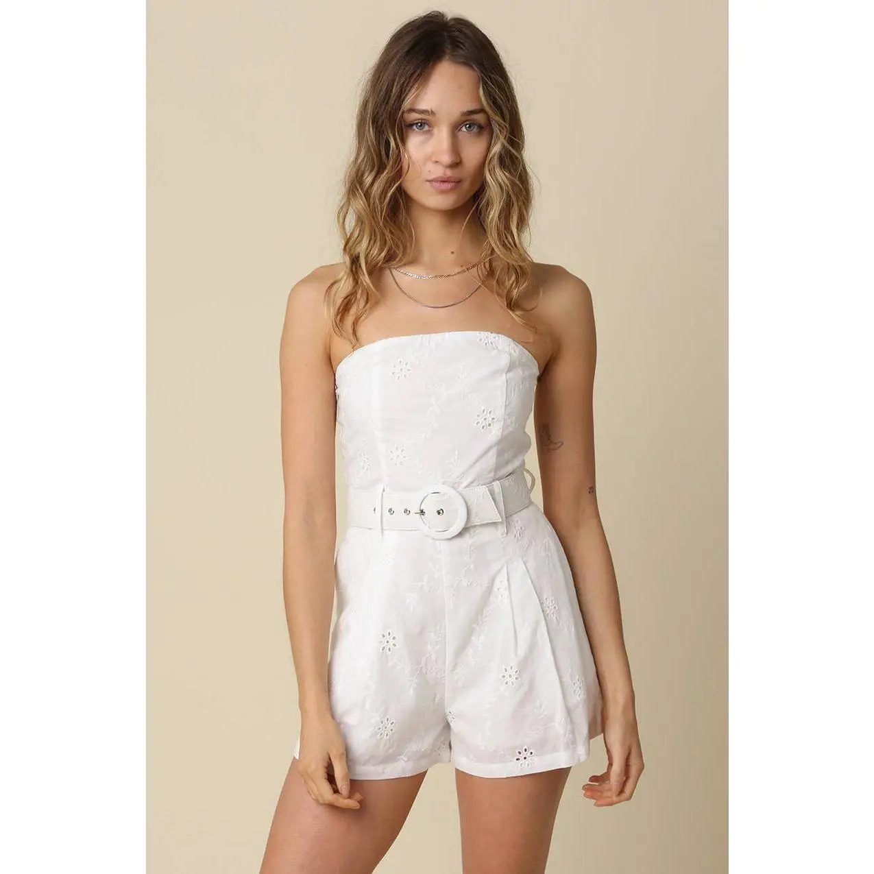Kaya Strapless Belted Romper in White
