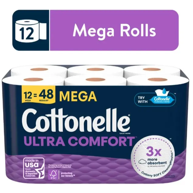 Cottonelle Ultra Comfort Soft Septic Safe Toilet Paper, Bathroom Tissue Bulk, 12 Mega Rolls Disposable Sheets, Toilet Tissue Bulk