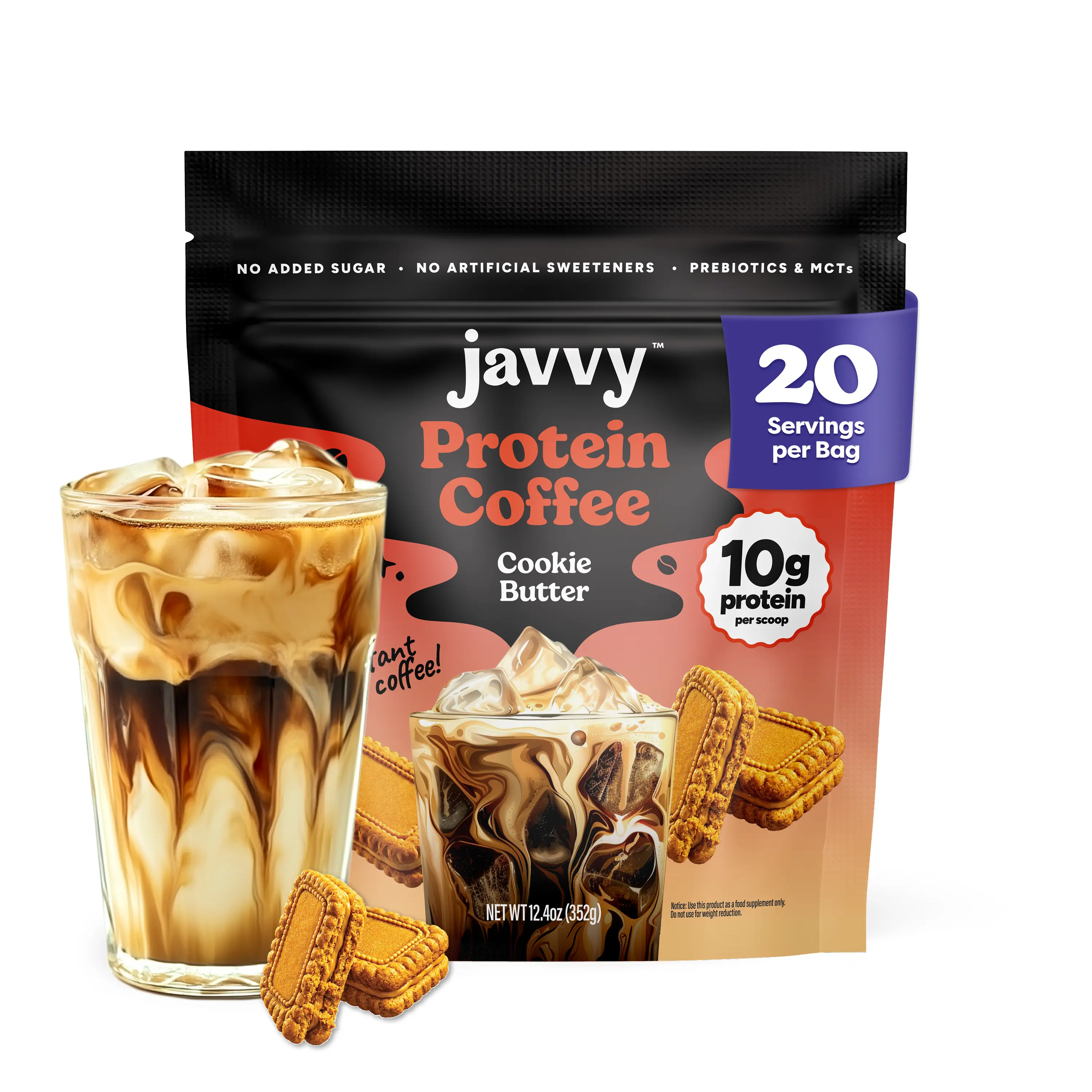 Javvy Cookie Butter Protein Iced Coffee Beverage - Premium Whey Protein Instant Iced Coffee, 100% Natural Cold Brew, 0 Artificial Flavors & Sweeteners, 80mg Caffeine, No Added Sugar, 20 Servings