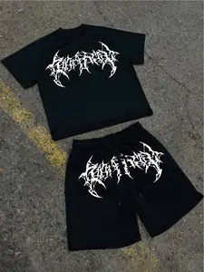 Men's Death Metal 2-Piece Fitted Shorts Set, Thorn Cross + Savage Metal Font, Lightweight Polyester Fabric, Y2K Grunge Style