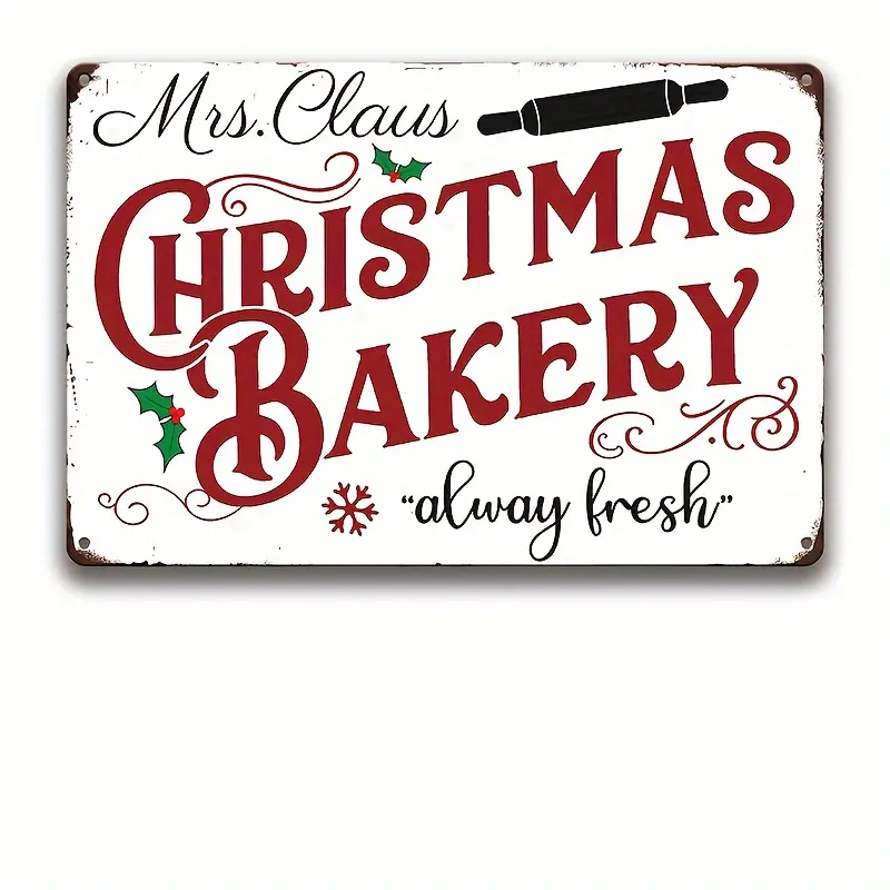 1pc Christmas Holiday Metal Tin Sign - 12x8 Inches - 'Mrs. Claus Christmas Bakery' With Festive Holly Decoration - Vintage Wall Art For Kitchen, Home Decor - Always Fresh Quote - Perfect For Holiday Gifting And Seasonal Decor, Holiday Decor