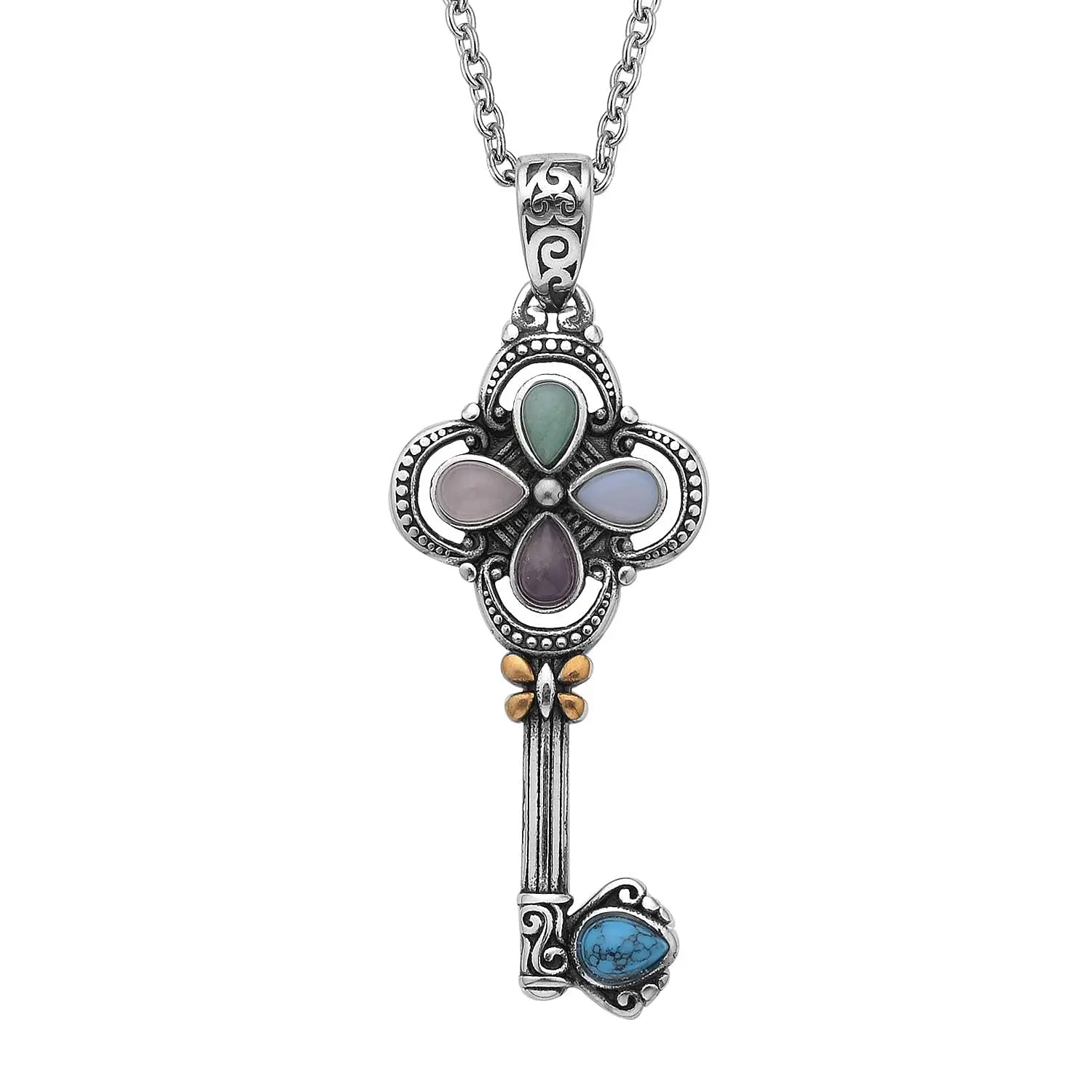 2.50 ctw Multi Gemstone Key Pendant Necklace 20 inch in ION Plated Yellow Gold and Stainless Steel