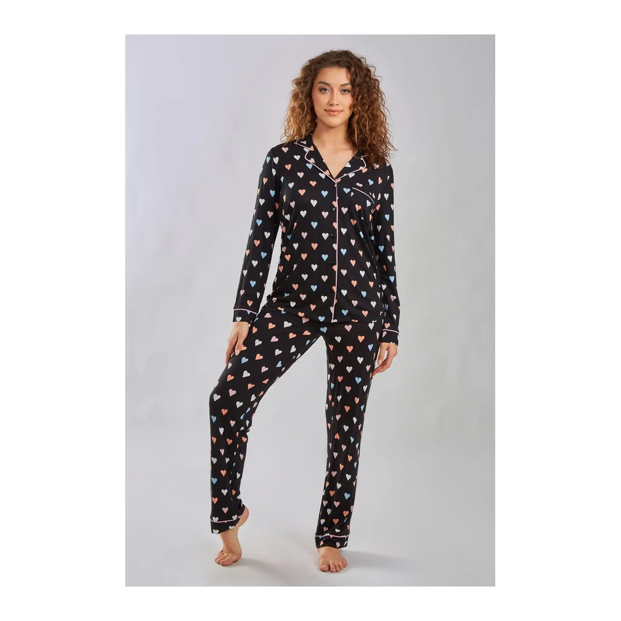 iCollection Multi Hearts Button Front Pajama Lo unge Set