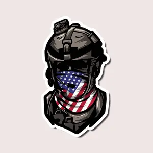 Patriotic Soldier Helmet Sticker, American Flag Bandana Tactical Skull Decal, Military Style Vinyl for Laptop Car Water Bottle