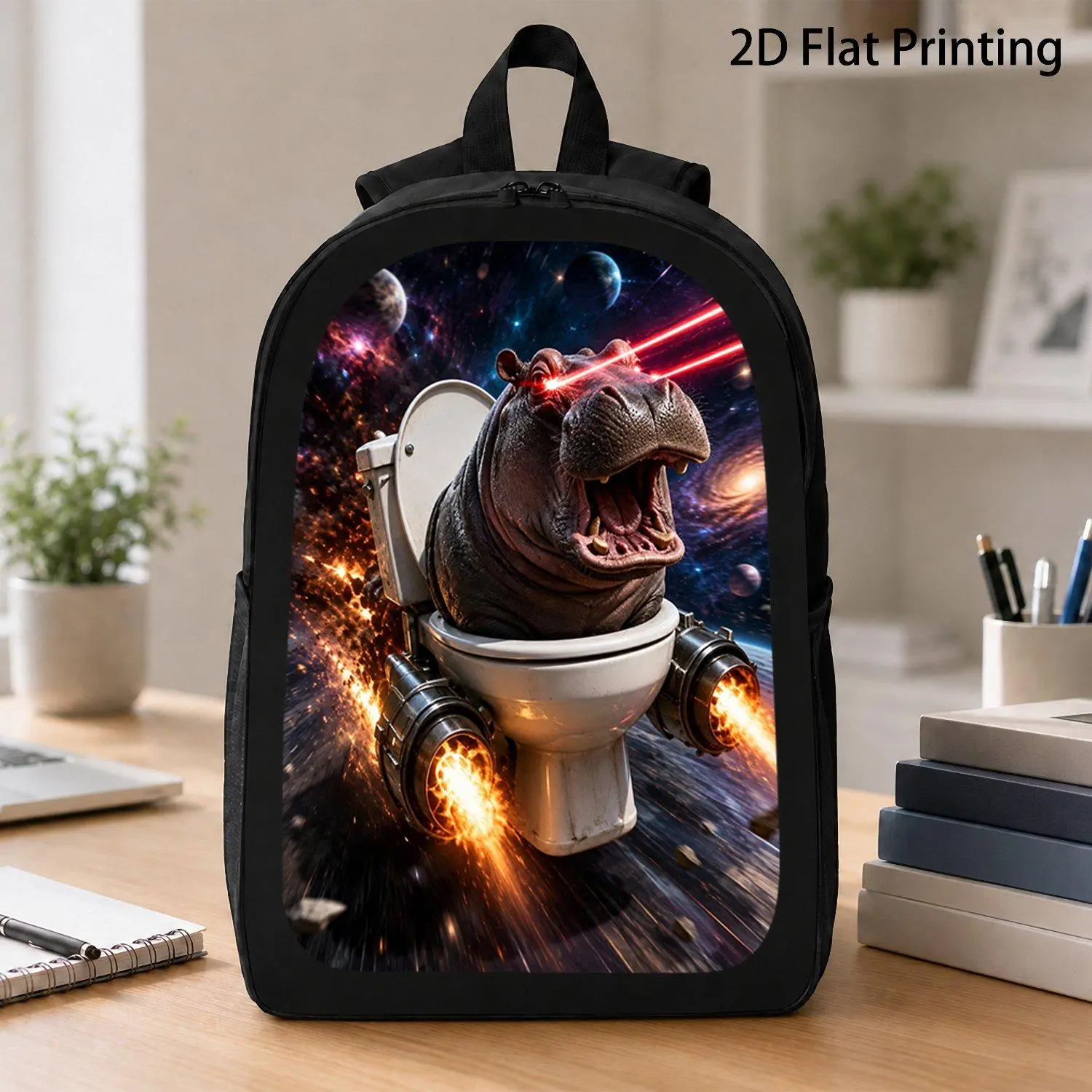 [17 Inch Backpack] 1pc Fierce Laser Eyed Hippopotamus Space Jet Toilet Graphic Backpack Funny Cosmic Meme Backpack Outdoor Travel Backpack