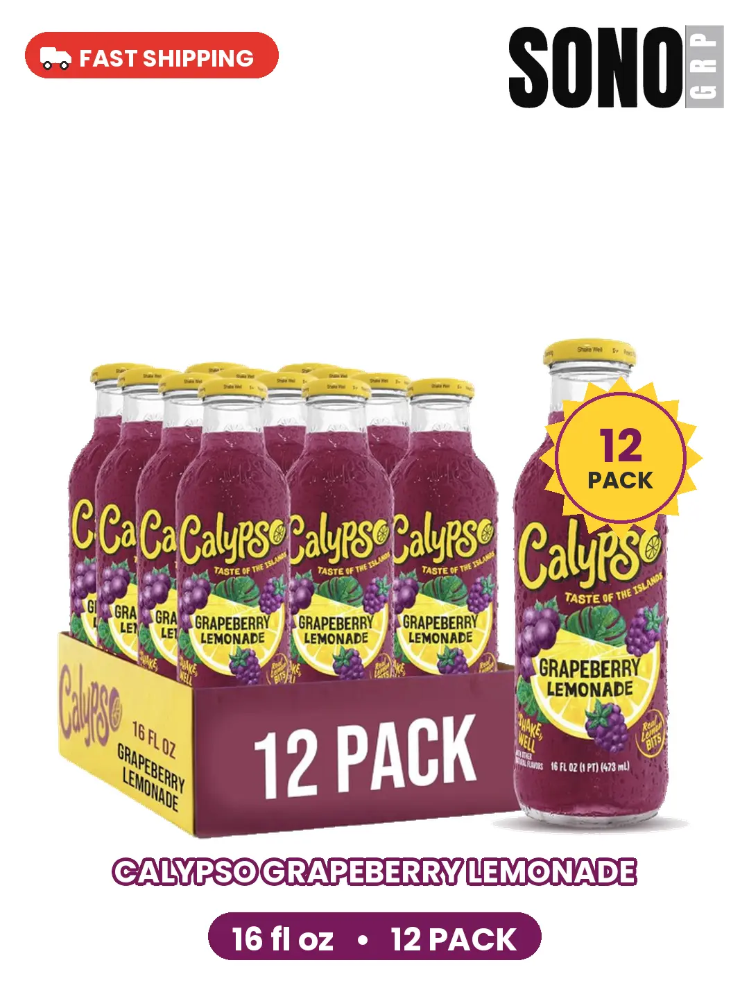 Calypso Lemonade, Grapeberry, Made with Real Fruit, 16 Fl Oz Glass Bottles (Pack of 12)