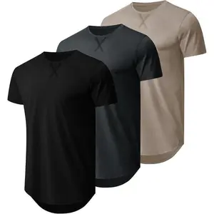 Mens 3 Pack Plain Cotton Shirts Short Sleeve Casual Crew Neck T-Shirts Hipster Hip Hop Longline Tees Drop Cut Curved Hem Gym Tops Workout Clothes Men's Compression Baggy Basic Long Sleeve Shirt - Beige, Tropical