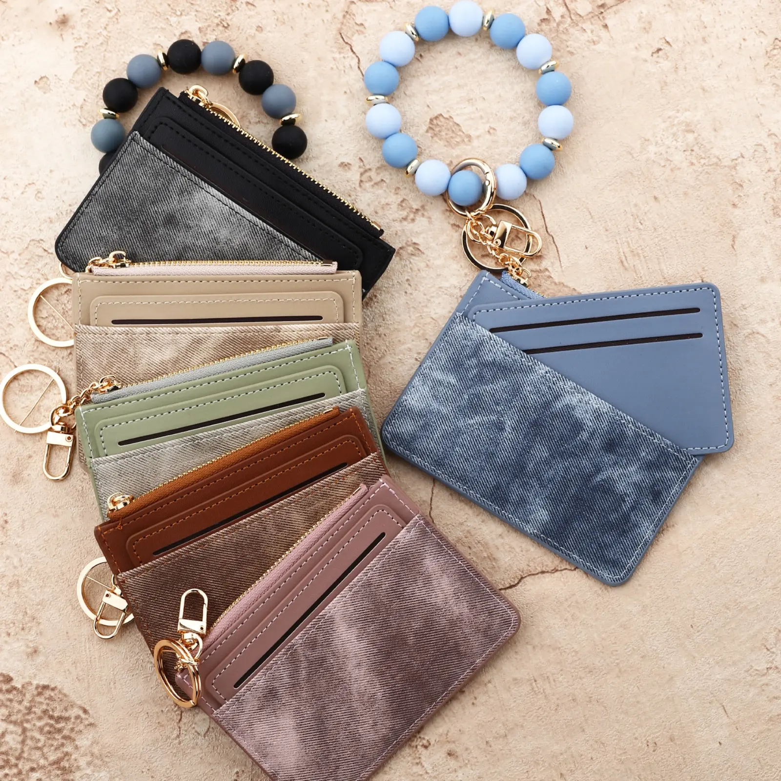 Women's Leather Foldable Bifold Wallet - Compact Shape, Everyday Carry Card Holder with Silicone Bead Charm, Portable Coin Purse, All Over Print Fashion Accessory