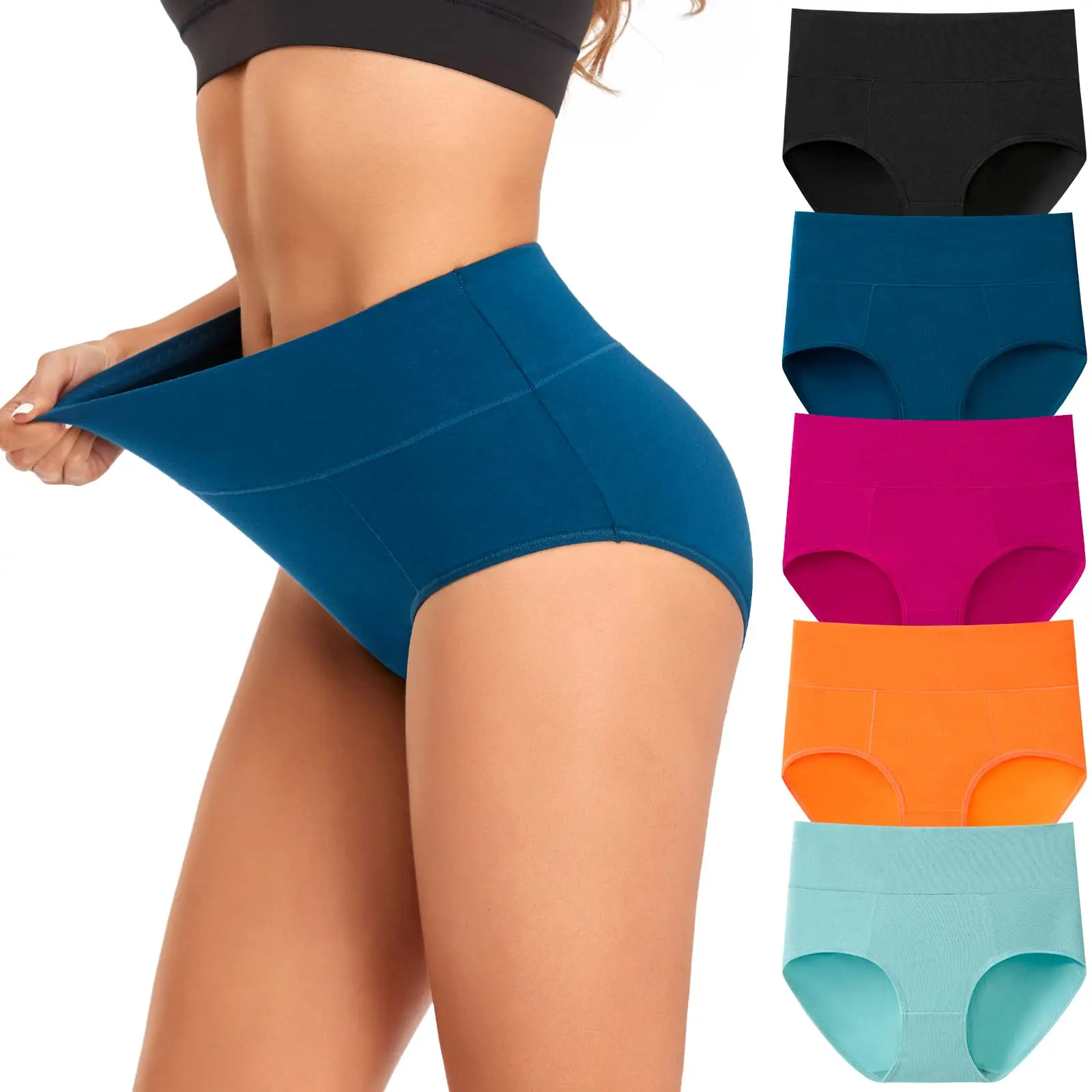 ASIMOON Women's 5-Pack Multicolored Seamless Cotton High-Waisted Briefs, Comfortable Full Coverage Stretchy Underwear, Breathable Post-C-Section Recovery Panties, Soft Elastane Basic Minimalist Womenswear (Cold Wash Safe)
