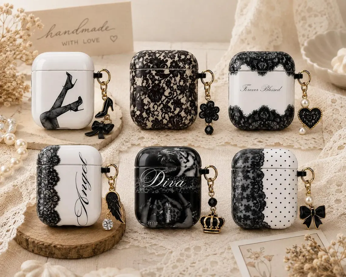 NO KEYCHAIN INCLUDED Coquette AirPods Case, Black Lace AirPods Gen 1 2 3 4 Cover, Personalized Earbud Case, Aesthetic Goth Protective Case for Women