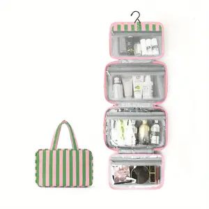 Fashionable Hanging Travel Folding Makeup Bag Travel Cosmetic Bag with Striped Color-Blocking, Multiple Compartments And Pockets for Storage. A Spacious, Multifunctional Tote for Toiletries, Ideal for Vacations, Gyms, Short And Long Trips, And Outings