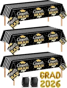 Multiwins 7-Pack Graduation Party Decorations Set, 3 Black Gold Graduation Tablecloths 54X108In, 2026 and Grad Balloons, 2 Foil Fringe Curtains for High School College Graduation Party Photo Booth multiwins