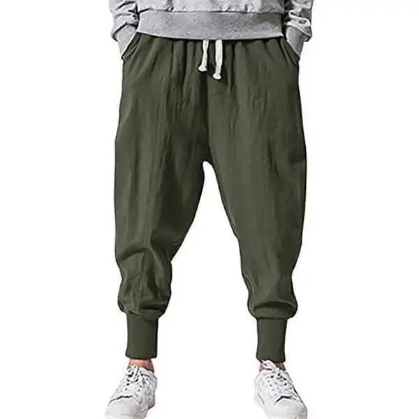 PASLTER  Mens Linen Harem Pants Lightweight Drawstring Elastic Waist Baggy Joggers Casual Cargo Sweatpants Pant PQ1549 Menswear Trouser