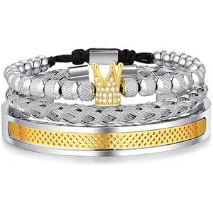 Imperial Crown 18kt Gold Bracelet for Men with Cubic Zirconia Beads, Cross Charms, and Luxury Accents