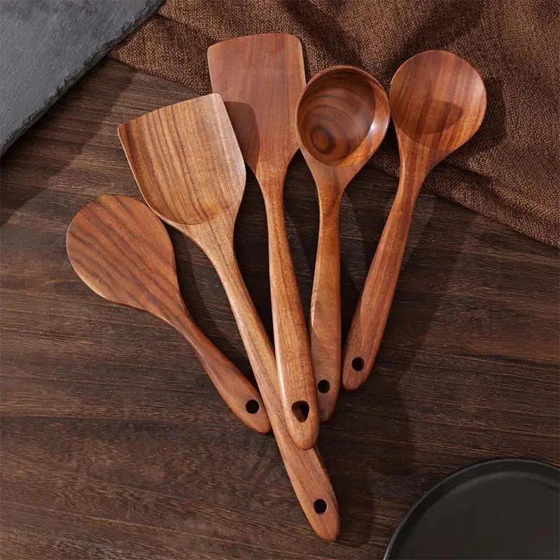 5-Pack Natural Wooden Cooking Spoon Set, Nonstick Heatproof, Sturdy Light & Easy Cleaning Kitchen Utensils