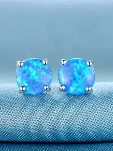 Cute Female Blue Synthetic Crystal White Green Fire Synthetic Opal Stone Stud Earrings Silver Color Wedding Jewelry For Women