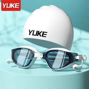 YUKE Swim Goggles and Silicone Cap Set HD Anti-Fog Lenses with Attached Earplugs Leak Proof Summer Pool Essential